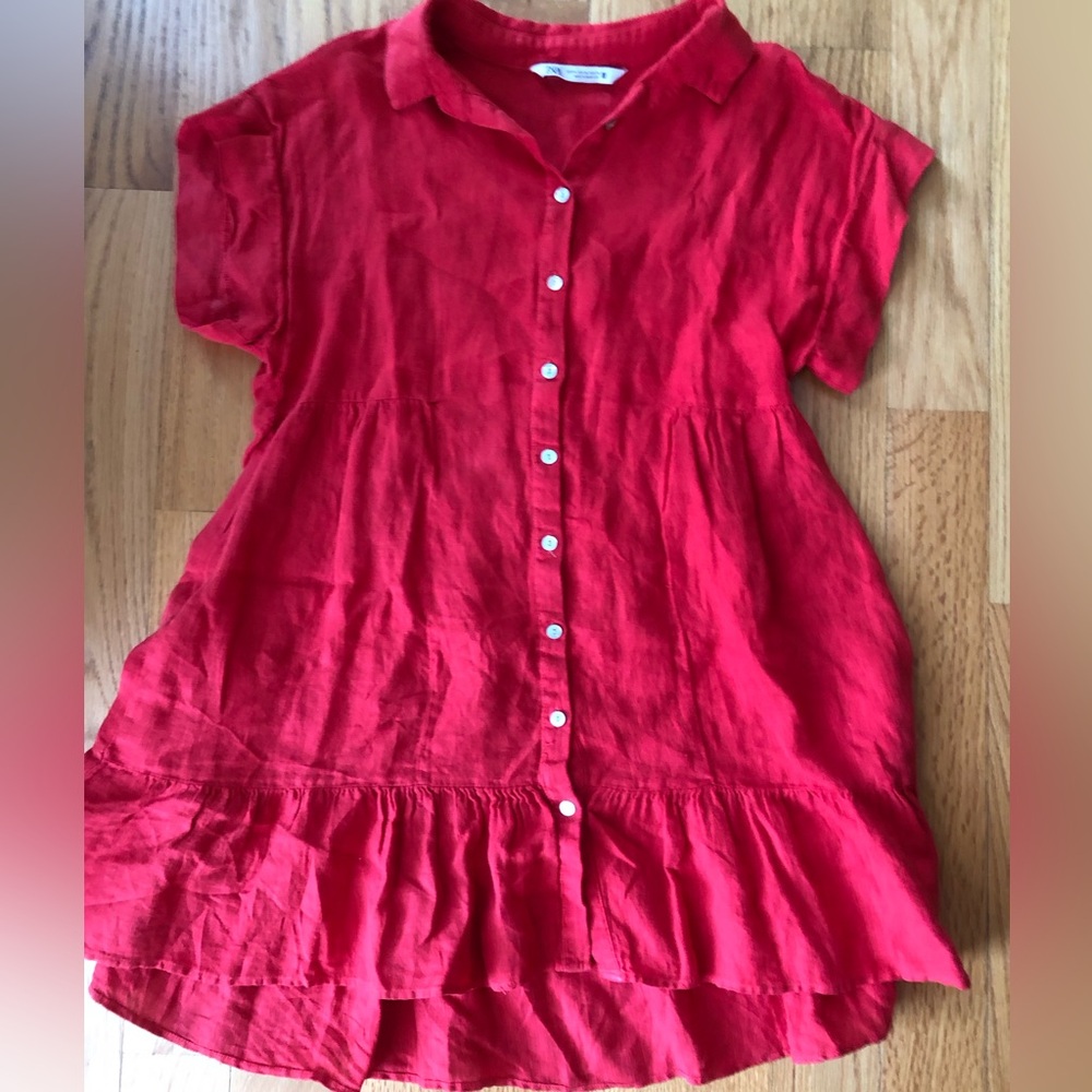 Zara Red Linen tunic blouse with cap sleeves